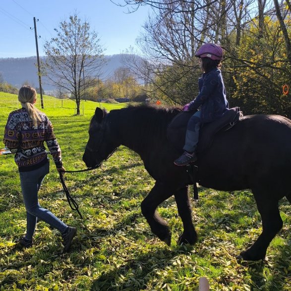 Kind auf einem geführten Pferd